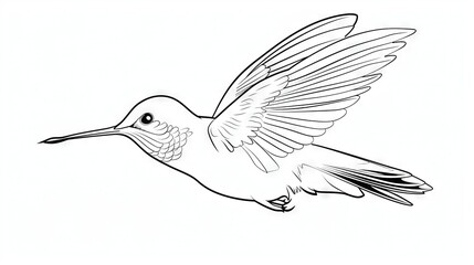 Fototapeta premium Hummingbird in black & white, spread wings, outlined against white background