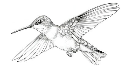 Obraz premium A black-and-white illustration of a hummingbird in flight with extended wings