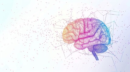 Abstract colorful brain made of connected dots and lines on a white background.