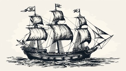 A detailed, hand-drawn sketch of a pirate ship with multiple sails, flags, and intricate rigging set against a light background, illustrating a classic maritime scene.