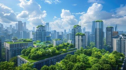 Fototapeta premium A cityscape where green roofs and urban forests mitigate the urban heat island effect.