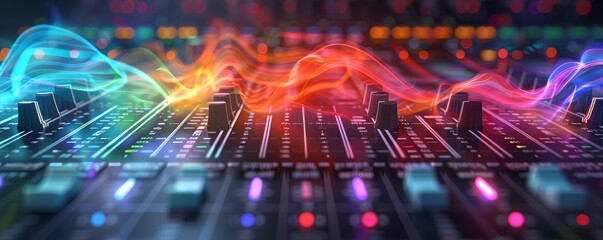 Obraz premium Abstract colorful sound waves over a mixing board.
