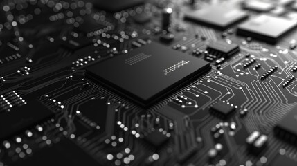 Black And White Circuit Board With Central Processor In Focus. Generative AI