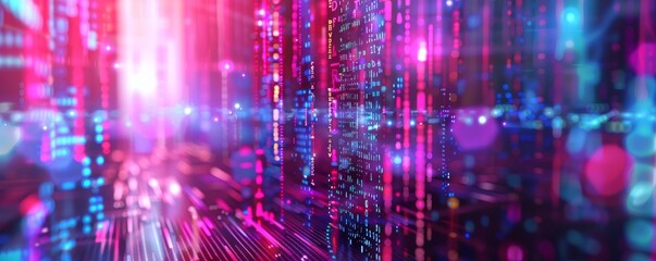 Abstract digital art with glowing pink and blue lights.