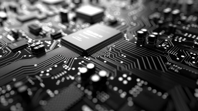 Close-Up of a Black and White Circuit Board With a Central Processor. Generative AI