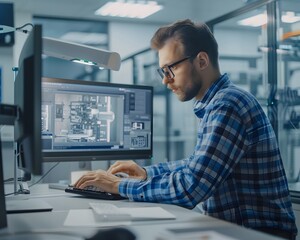 Precision in Engineering : A mechanical engineer is deeply engrossed in designing a complex machine on his computer. The detailed blueprint displayed on the screen signifies the intricacies involved