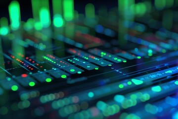 Fototapeta premium Abstract digital circuit board with glowing green and blue lights. Technology, data, and innovation concept.