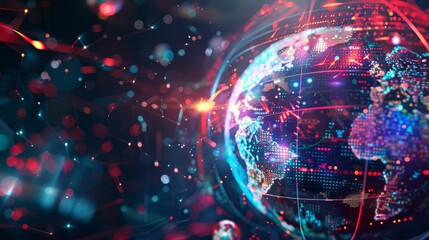 Obraz premium Abstract digital globe with glowing lines and particles, representing global connectivity and data flow.