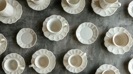Top View of White Ceramic Cups and Saucers on a Grey Surface. Generative AI