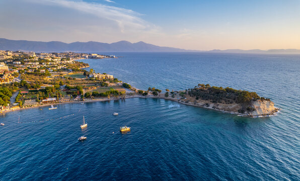 Kusadasi, Aydin, Turkey. Neopolis Peninsula (Turkish Name: Yilanci Burnu). Kusadasi is a touristic beach resort town on Turkey&rsquo;s western Aegean coast. Aerial view of Kusadasi.