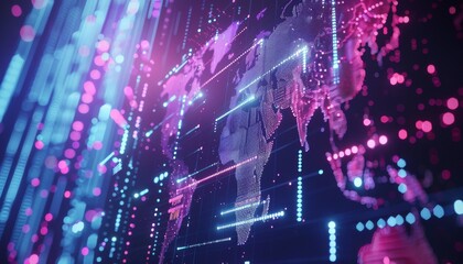 Abstract digital world map with glowing lines and particles.