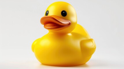 A brightly colored yellow rubber duck isolated against a white background, depicted in a cinematic style.
