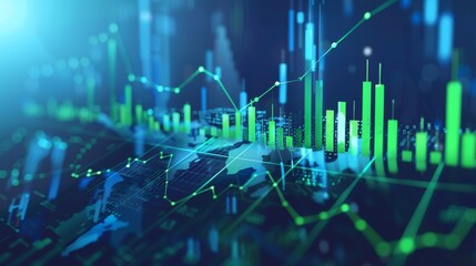 Abstract financial chart with rising green and blue lines against a dark background.