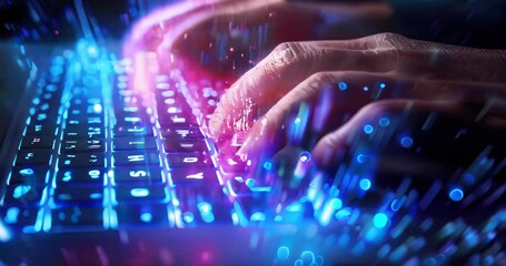 QA engineer's hand typing on floating keyboard with digital elements in abstract depiction, including copyspace