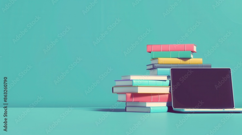 Poster a stack of colorful textbooks sits beside a closed laptop on a teal surface. the image symbolizes mo