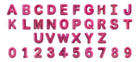 3D Furry Pink Alphabet and Numbers Set on Dark Background - Uppercase Letters and Digits with Soft Fluffy Texture for Creative Designs and Typography Projects cut out png on transparent background
