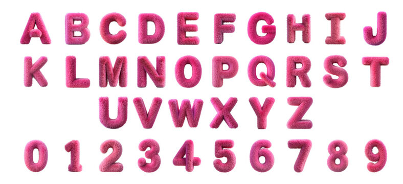 3D Furry Pink Alphabet and Numbers Set on Dark Background - Uppercase Letters and Digits with Soft Fluffy Texture for Creative Designs and Typography Projects cut out png on transparent background