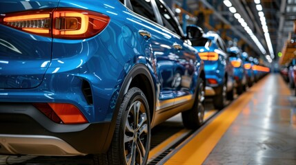 Fototapeta premium A modern car assembly line showcasing mass production of blue vehicles under industrial lighting.