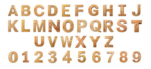 3D wooden alphabet and number set for design projects and typography cut out png on transparent background