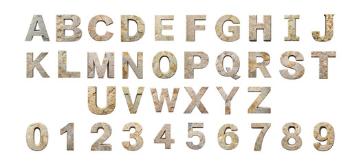 Stone Texture Alphabet and Numbers Set for Graphic Design and Craft Projects cut out png on transparent background