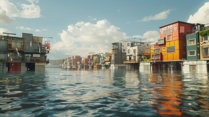 Obraz premium A coastal city with raised buildings and flood barriers protecting the vibrant urban landscape.