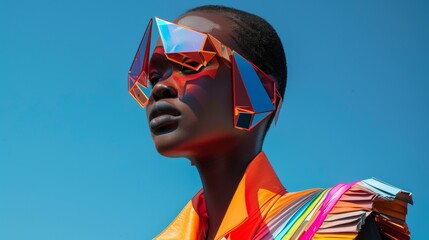 Futuristic Fashion Model Wearing Geometric Sunglasses Against Blue Sky. Generative AI