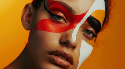 Close-Up Portrait of a Model With Abstract Face Paint Against an Orange Background. Generative AI