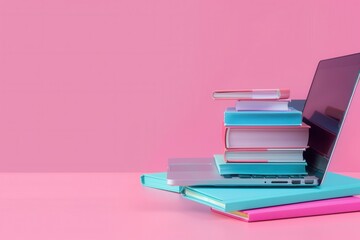 A stack of colorful textbooks and a laptop computer on a pink background, representing modern learning. Generative AI