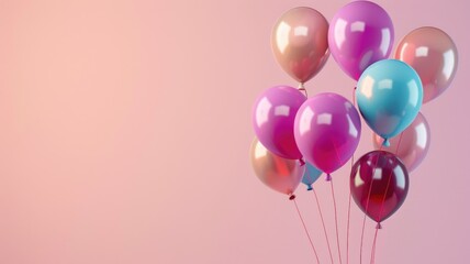 A cluster of colorful balloons floats against a soft pastel background.