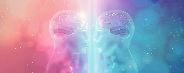 Abstract image of two glowing brains connected by a beam of light.