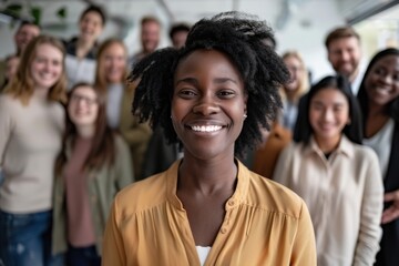 Obraz premium A happy, diverse team of employees celebrating success in a business setting, with a person smiling in the foreground.