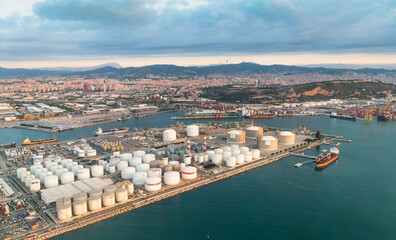 Naklejka premium Top View on Port of Barcelona, cargo and shipping terminal