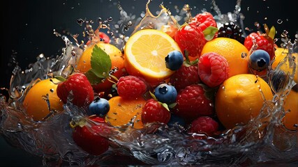 Large plate of assorted fruits with natural eco fruits, vegetables and herbs