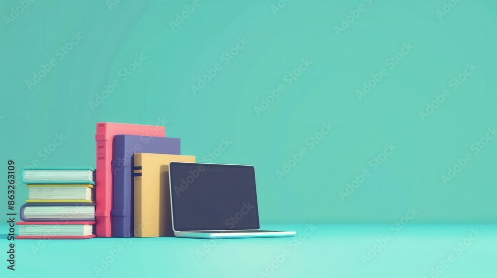 Poster a laptop and a stack of textbooks sit on a turquoise background, representing the modern approach to