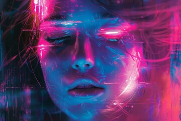 Fototapeta premium Abstract portrait of a woman with glowing neon lights. The colors are vibrant and the image is full of energy.