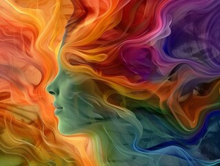 Abstract portrait of a woman with vibrant, flowing colors representing emotions and inner thoughts.