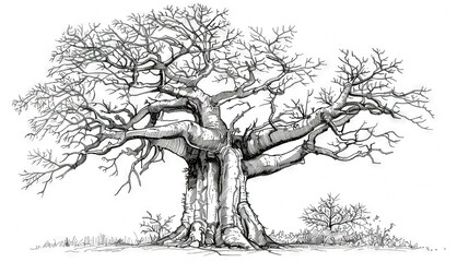   A monochromatic image of a bare tree with no foliage on its trunk, limbs, or foliage