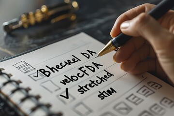Close-up of a handwriting in a notebook with a pen, completing a checklist on a spiral-bound notepad.