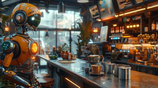A futuristic coffee shop with robotic baristas, Warm tones, Cyberpunk, 3D rendering, Cozy - Powered by Adobe