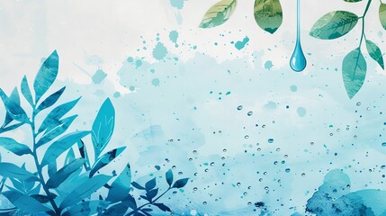 Abstract watercolor background with blue leaves and a water drop, perfect for nature and eco-friendly themes.