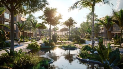 A picturesque urban space with water conservation features and lush green areas.