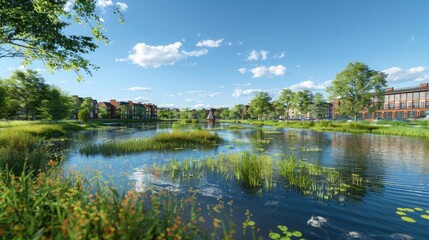 Fototapeta premium A picturesque urban wetland designed for flood control and recreation.