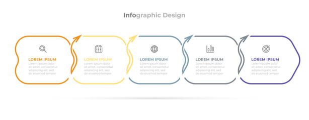 Vector business infographic label design with arrows and marketing icons. Timeline process with 5 options or steps. Ideal for business reports, strategic planning, and project management.