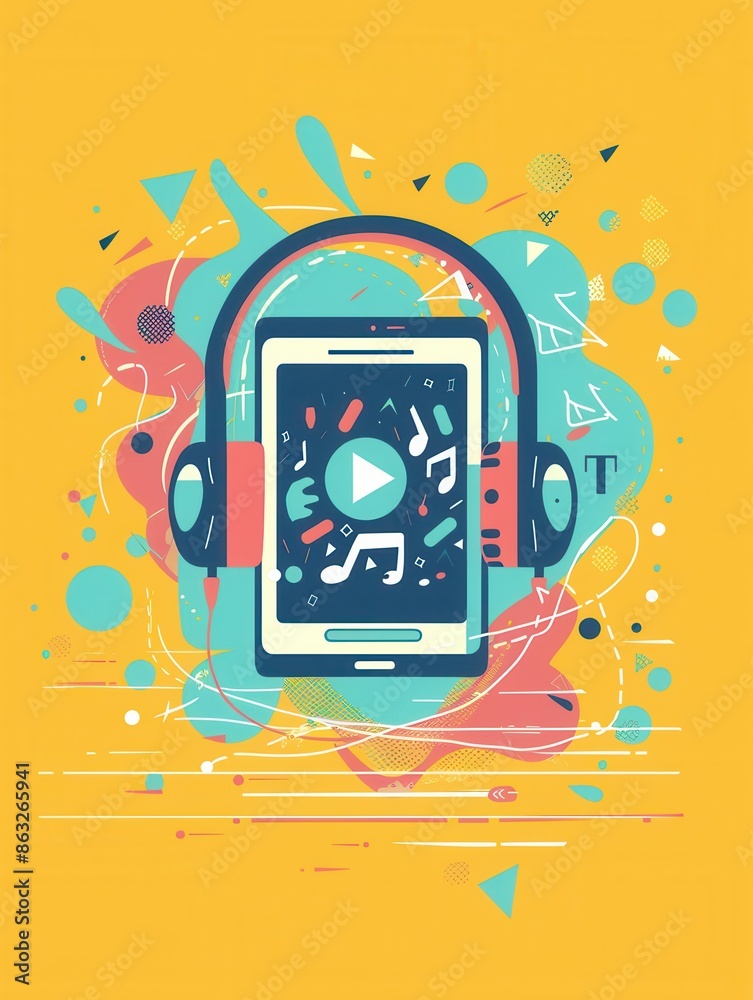 Aufkleber a digital illustration of a smartphone displaying a music video, surrounded by headphones and colorf
