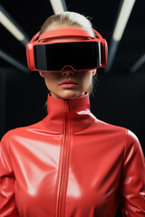 portrait of a woman with red vr glasses and leather overall