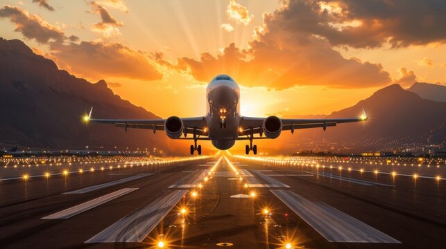 A large jetliner is taking off from an airport runway at sunset with mountains in the background, captured with radiant sunlight and dynamic composition.