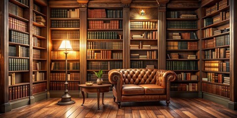 Cozy reading nook features a floor-to-ceiling wooden bookshelf filled with classic novels, vintage tomes, and leather-bound volumes, amidst warm-toned walls and soft lighting.