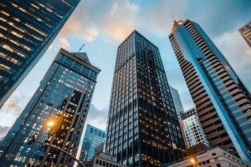 The image captures a dynamic, modern urban landscape with tall, abstract glass buildings under a partly cloudy sky, showcasing contemporary architecture.