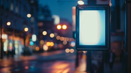 Blank billboard on a city street at night with blurred lights.
