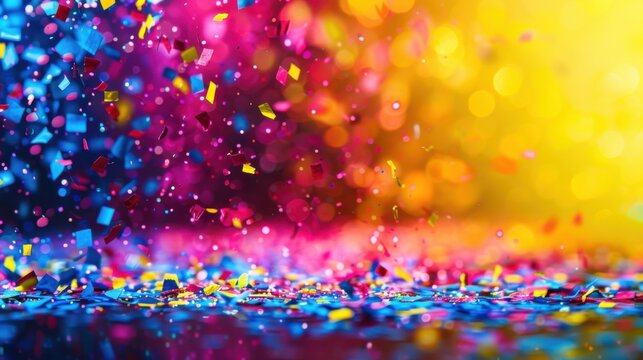 A vibrant, abstract panorama with colorful confetti cascading over a glittering surface, creating a festive and energetic atmosphere.